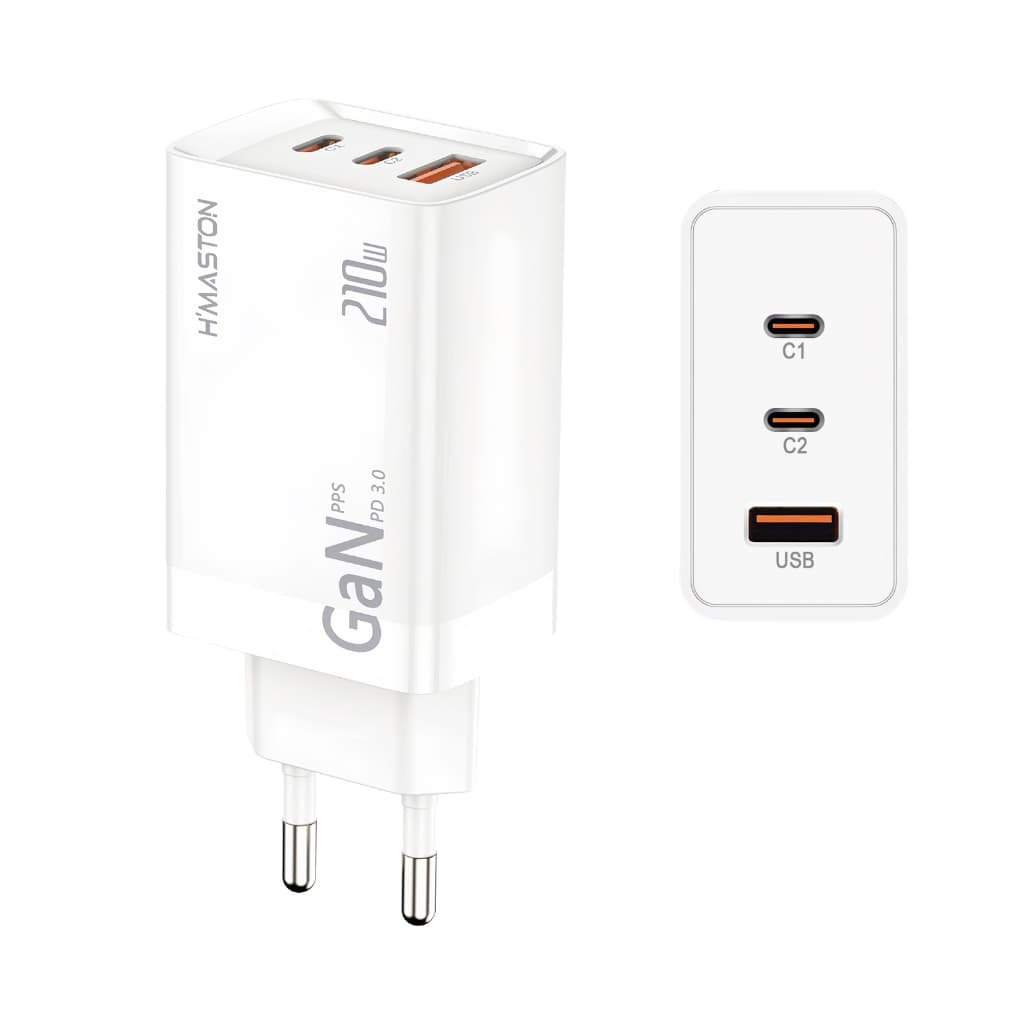Carregador GaN 210W Turbo USB-C+USB-A 3 Portas Carga Rápida Cor Branco Gan10