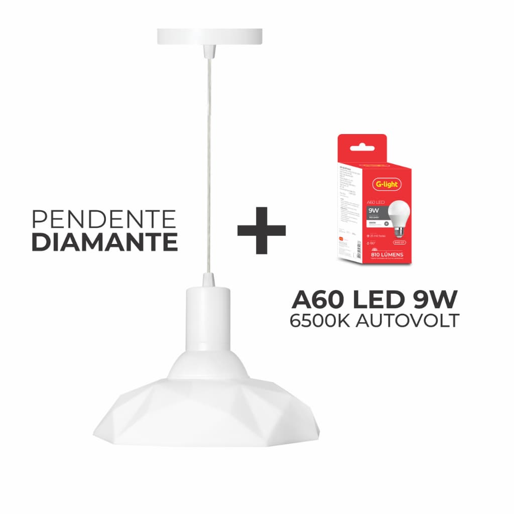 Pendente Lustre Diamante Branco C/ lâmpada 9W 6500K G-light