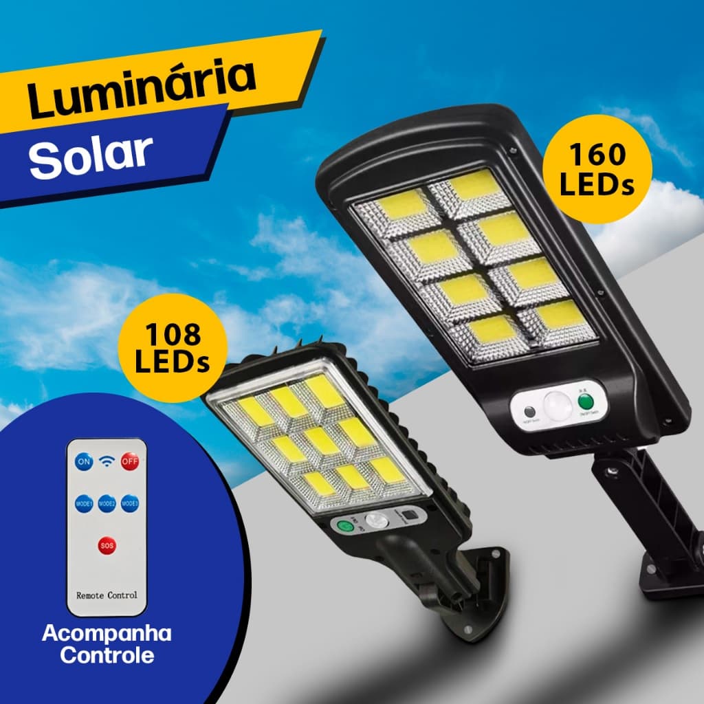 Luminária Solar Led 100W Mini Refletor Poste 160 Leds Cob Sensor de Presença Prova D'Água Potente