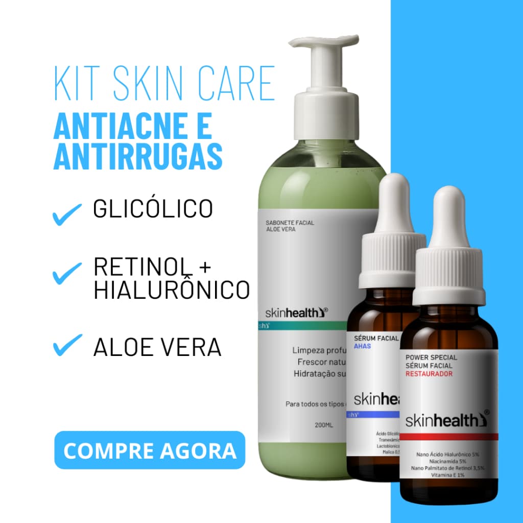 Kit Skincare - Anti-idade e Antiacne - Sabonete Aloe Vera, Sérum Restaurador, Sérum AHAS Skinhealth