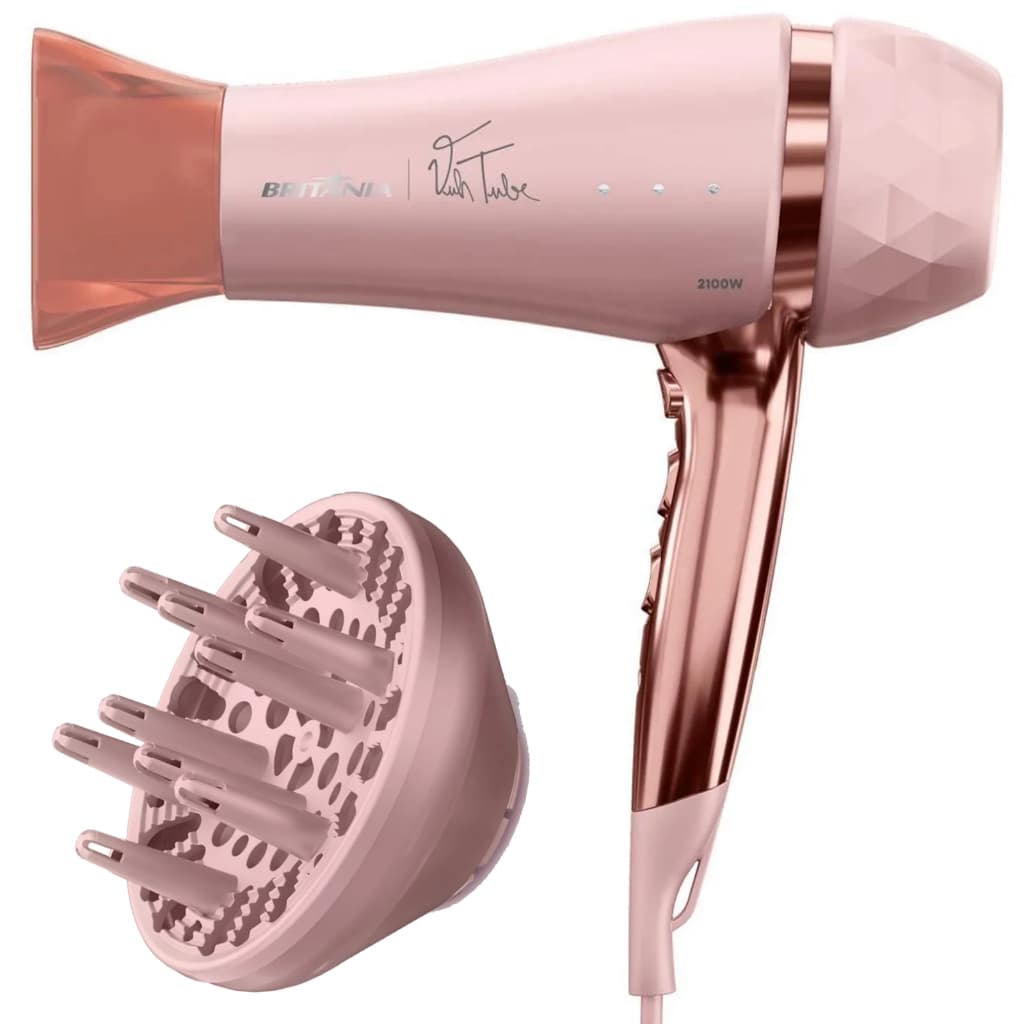 Secador De Cabelo Britania Profissional 2100w Ions Tourmaline Ar Quente Frio Bivolt Com Difusor Cachos