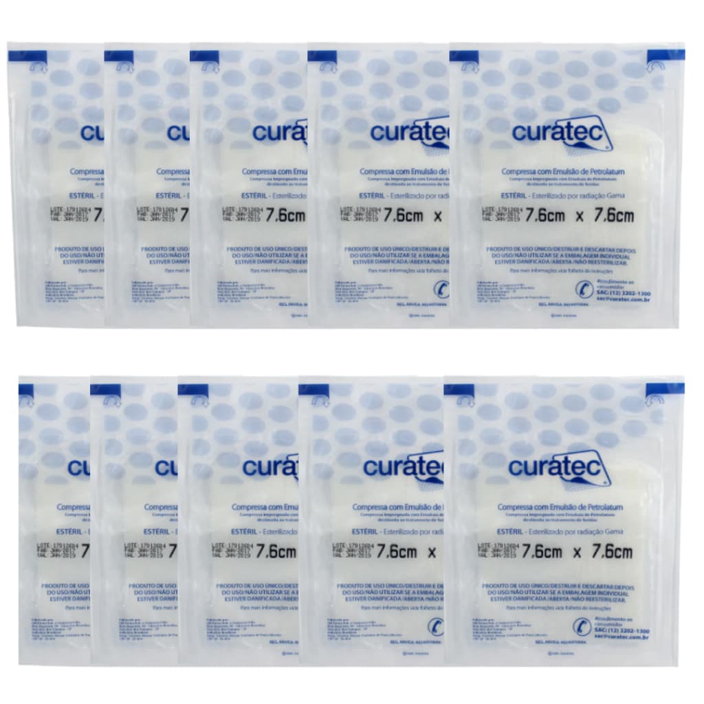 Kit 10 unidades Curativo Compressa Emulsão Petrolatum 7,6x7,6 Estéril Curatec Feridas ñ Aderente.