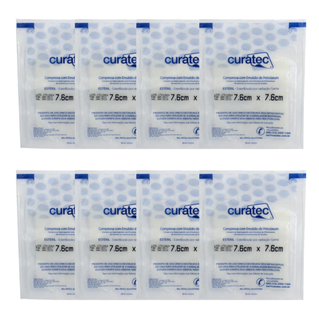 Kit  8 Envelopes Curativo Compressa Emulsão Petrolatum 7,6x7,6 Estéril Curatec Feridas não Aderente