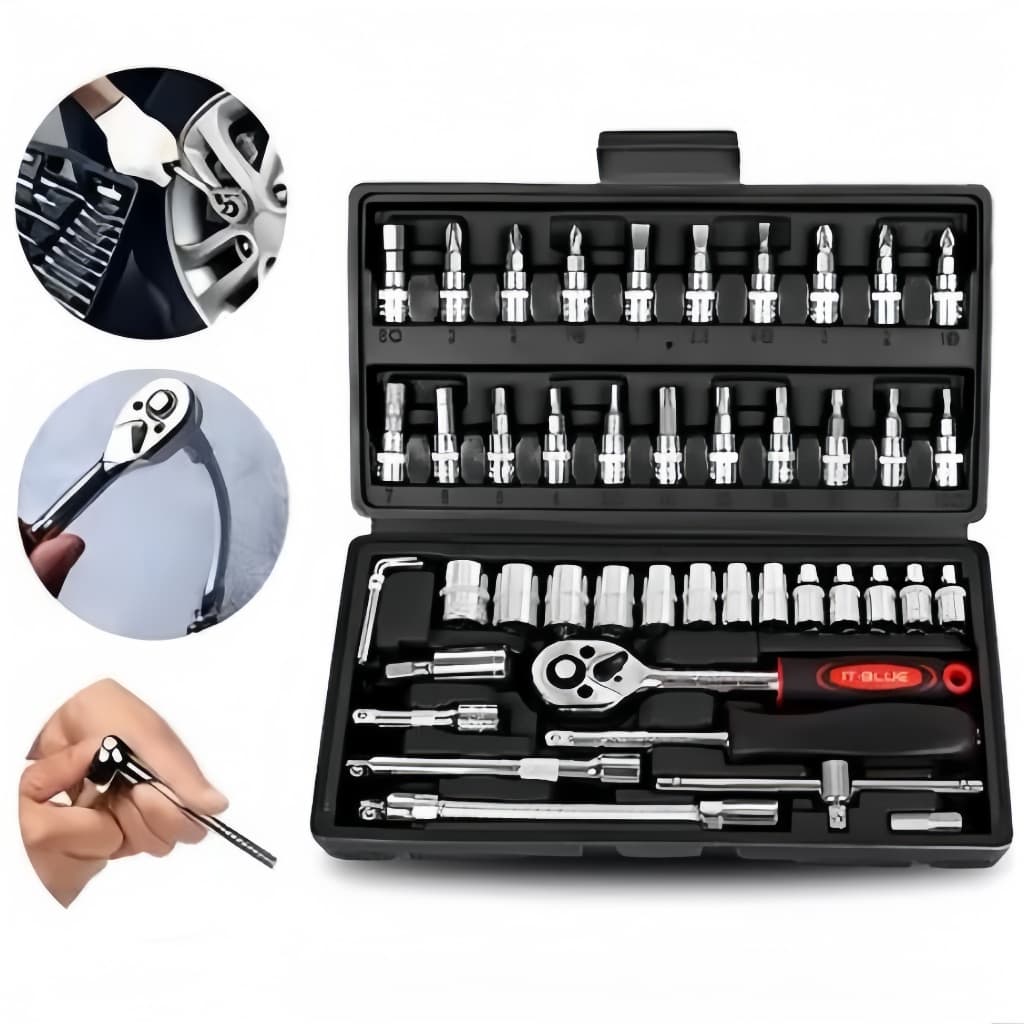 Preto 46 Peças Maleta Completa Linha Premium Kit Chaves Jogo Catraca Reversível Com Soquetes Promoção