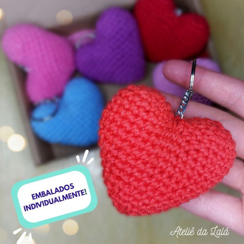 Kit - 5 ~ 20 Chaveiro de Coração Crochê Amigurumi Artesanato Feito à Mão 7 cm