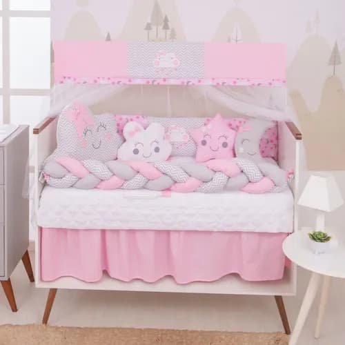 Kit  Berço 12 Peças Menina Rosa Formato  Nuvem Estrela Lua