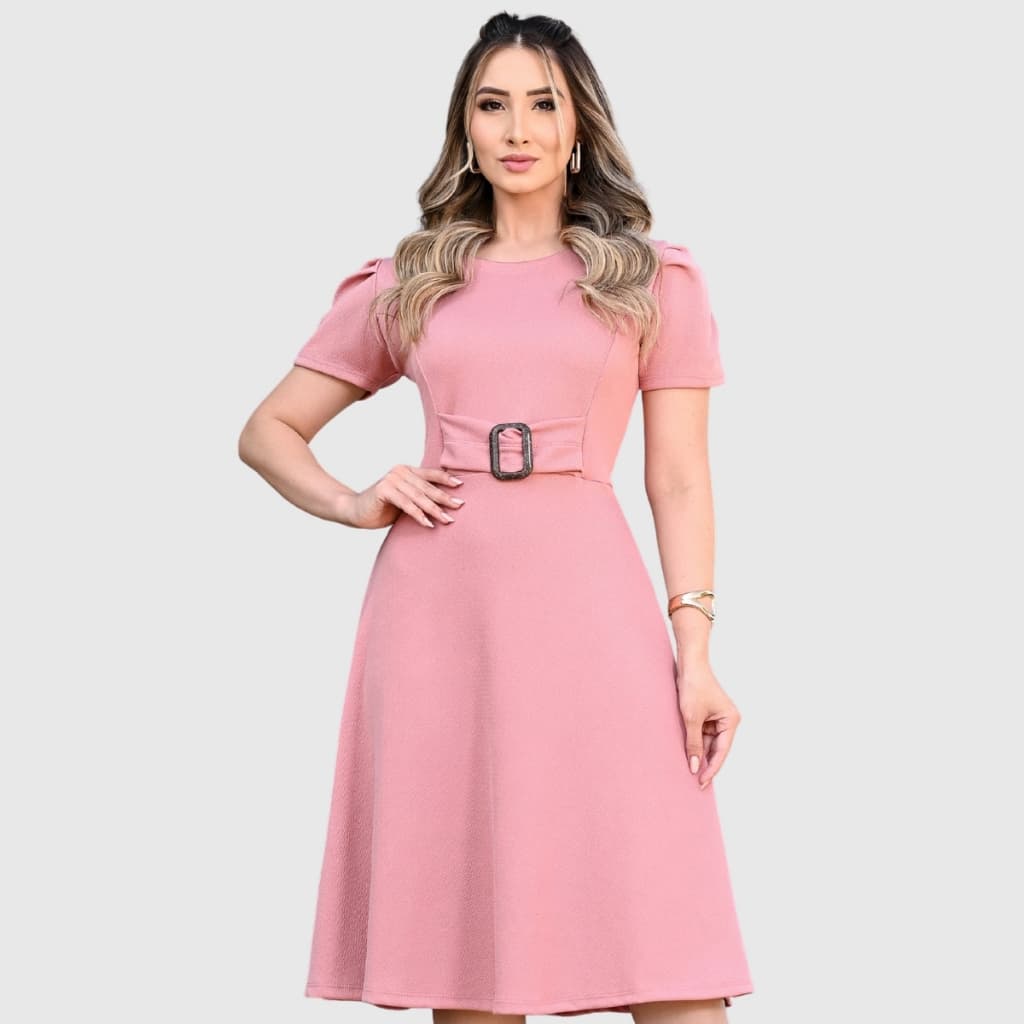 Vestido Feminino Soltinho Estilo Godê Midi Elegante Vestido Rodado Vestido Com Faixa Cinto Moda Evangelica Casual