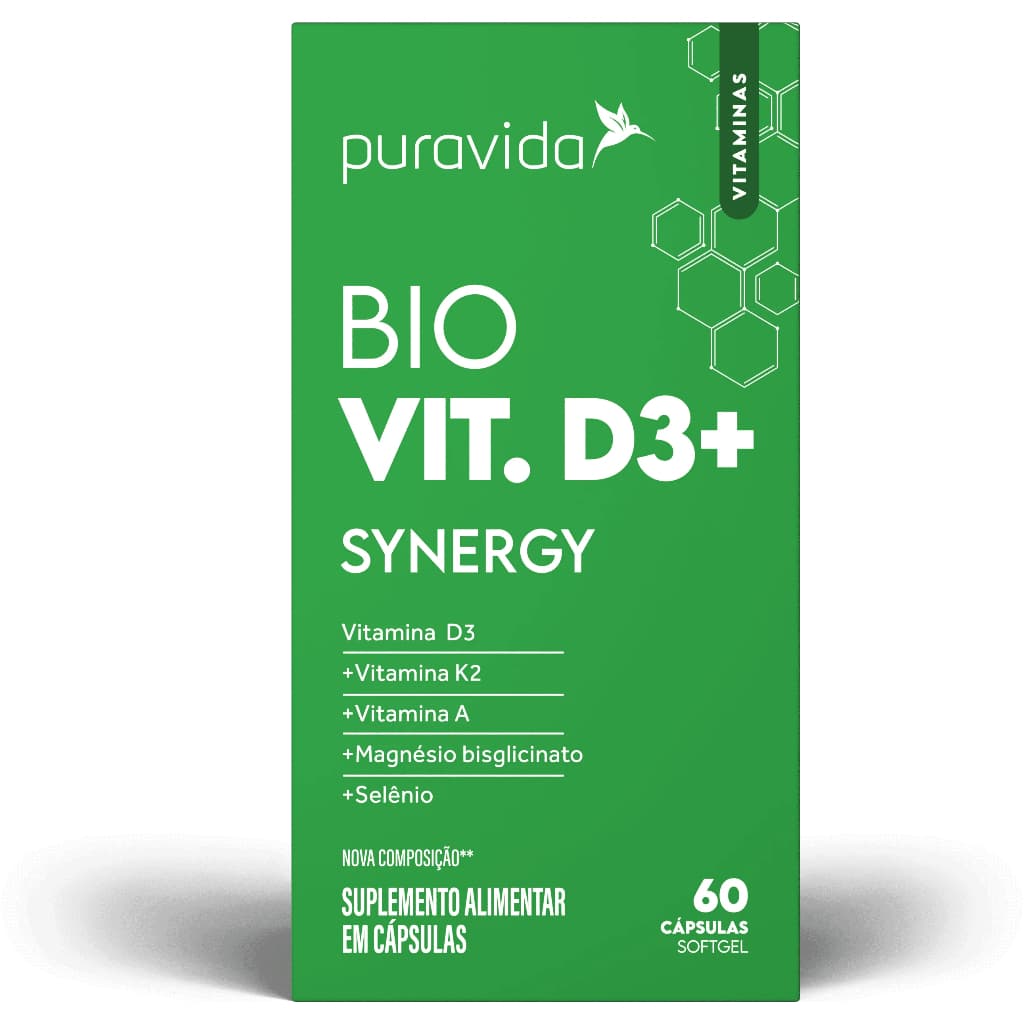 BIO VITAMINA D3 Synergy Puravida + K2 + VIT A + MANGÉSIO + SELÊNIO 60 cápsulas Pura vida