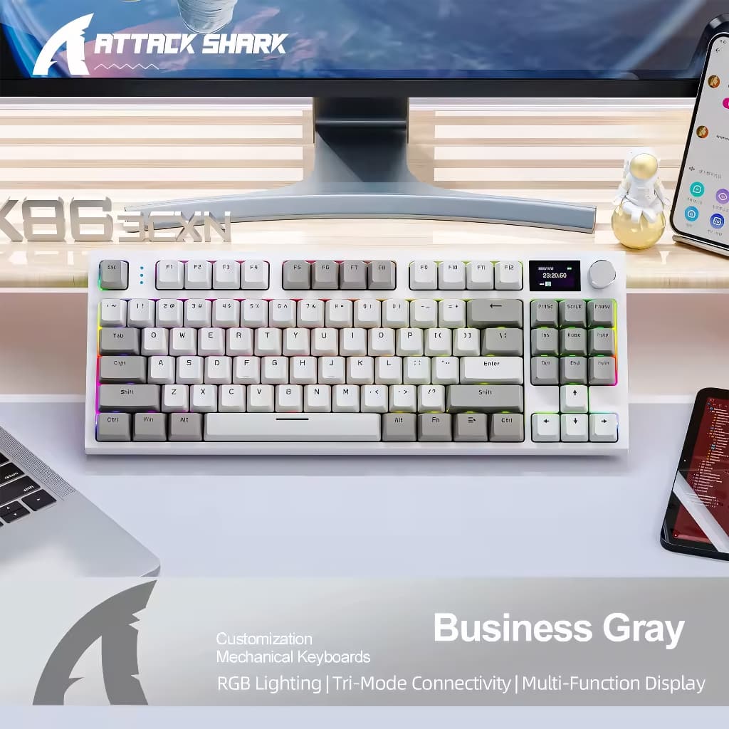 Attack Shark K86 Teclado Mecânico RGB, Sem Fio Bluetooth/2.4g Com Tela TF, Hot-Swappable, USB