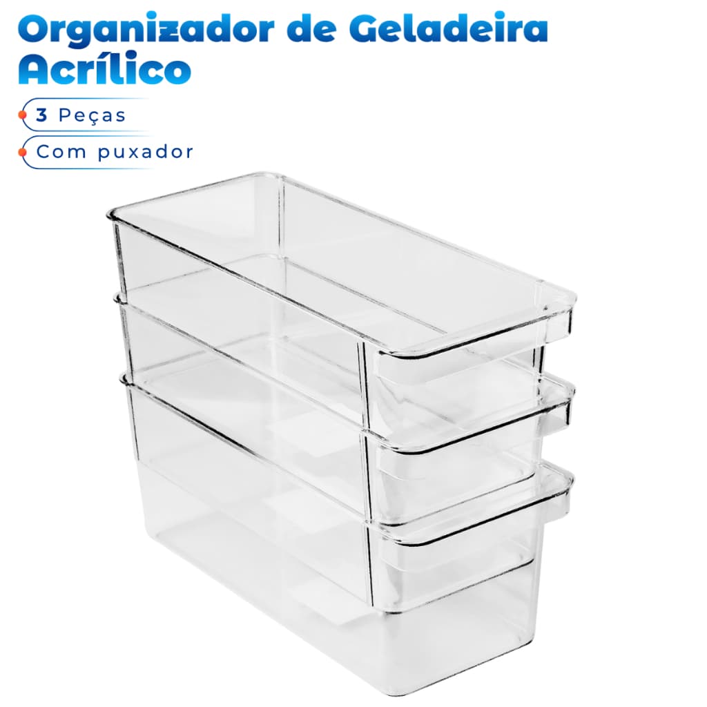 Recipiente Organizador Cristal Multiuso Geladeira Cozinha Cozinha Armário 26,8 x 11 x 10 - 3 Peças