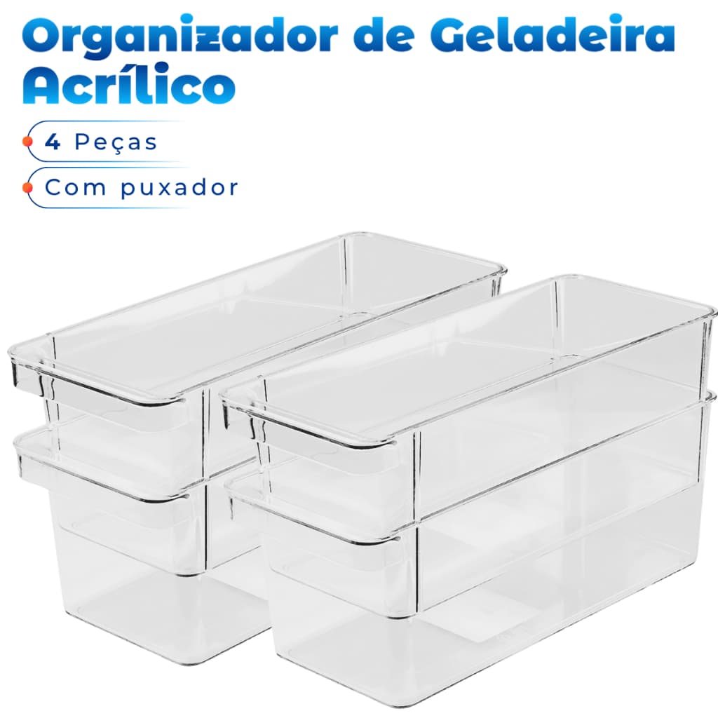 Recipiente Organizador Cristal Multiuso Geladeira Cozinha Cozinha Armário 26,8 x 11 x 10 - 4 Peças