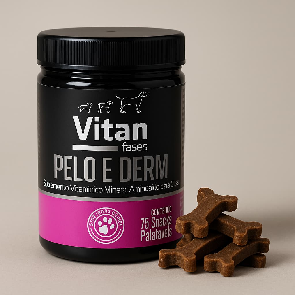Vitan Fases Pelo e Derme Suplemento Alimentar para Cães Pele e Pelos Saudáveis 75 Snacks Sabor Carne