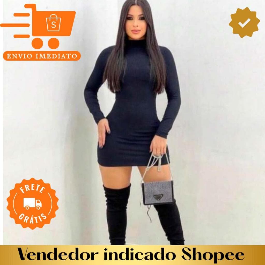 Vestido canelado Manga Longa Inverno Canelado Gola Alta Promoção curto para o frio