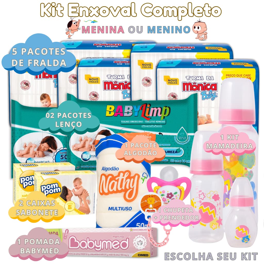 Kit Completão 5 Pacotes Fralda Descartável + 3 Mamadeira + 1 Chupeta + 2 Lenço Umedecido + 1 Pomada