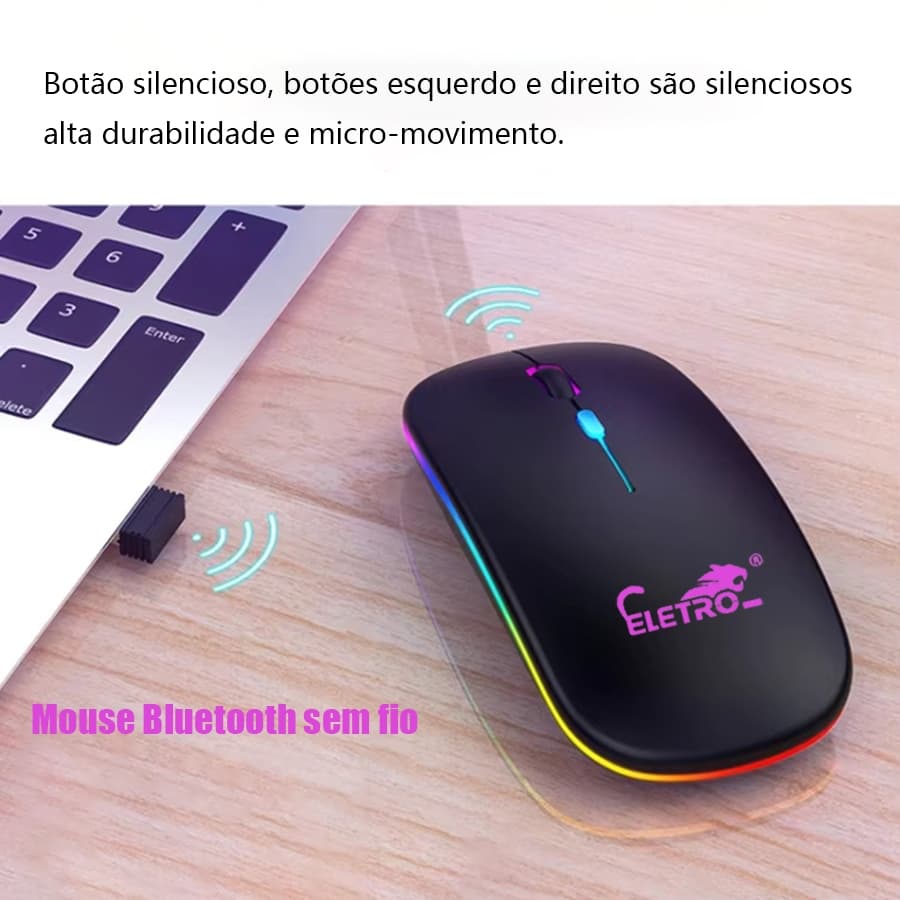 Mouse sem Fio Eletro Mex com Bluetooth Recarregável sem Fio RGB LED Ergonômico