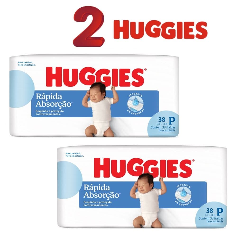 Kit 2 ptes Fralda Huggies P 38un 3,5 a 6 kg cada - Total 76un AB.2