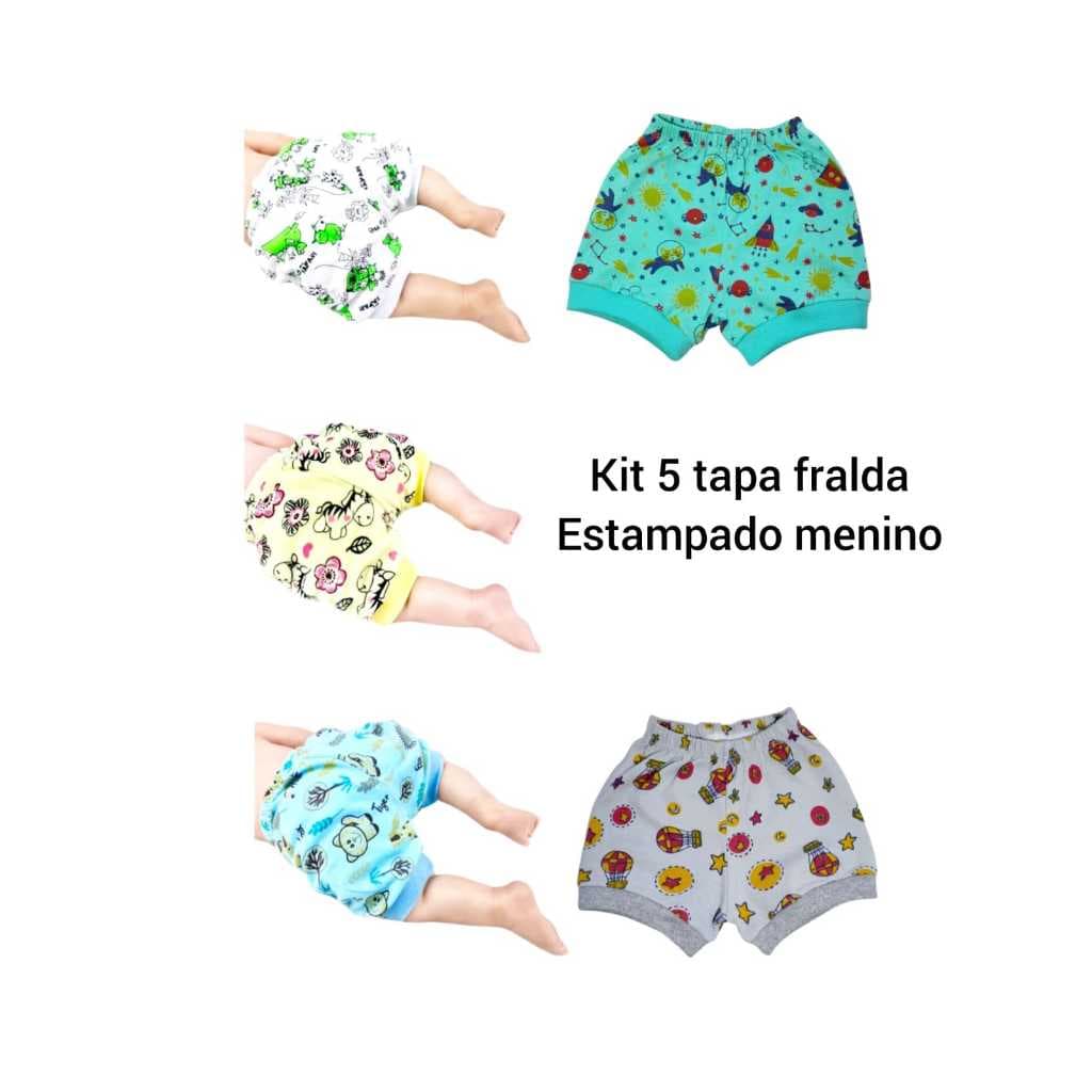 Kit 5 Shorts Tapa Fralda Para Bebês Liso ou estampado 100% Algodão