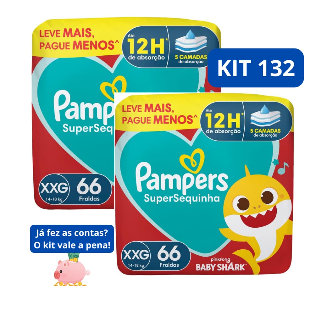 Kit Fraldas Descartáveis Pampers SuperSequinha - Tamanho XXG 132 unidades