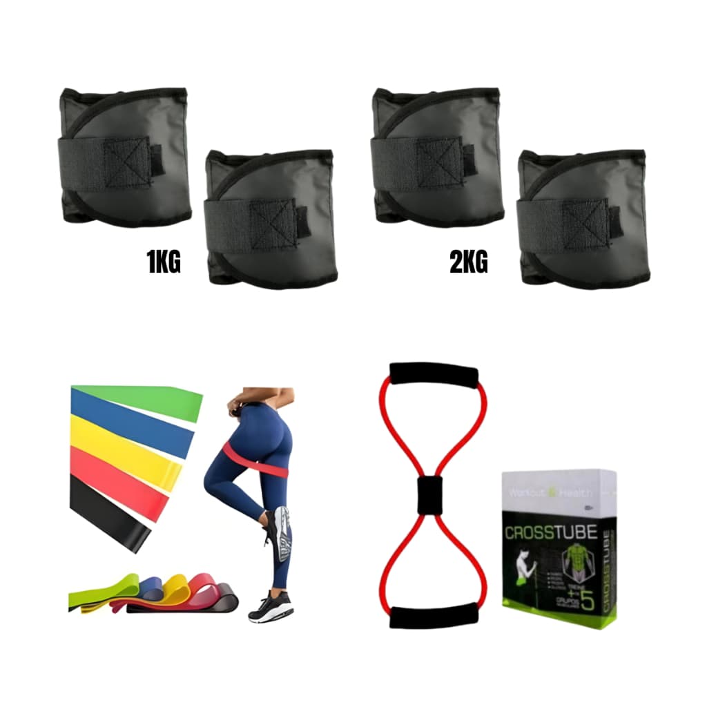 Kit Treino Caneleiras 1Kg + 2 Kg + Elástico Multifuncional Fisioterapia Musculação Em Casa