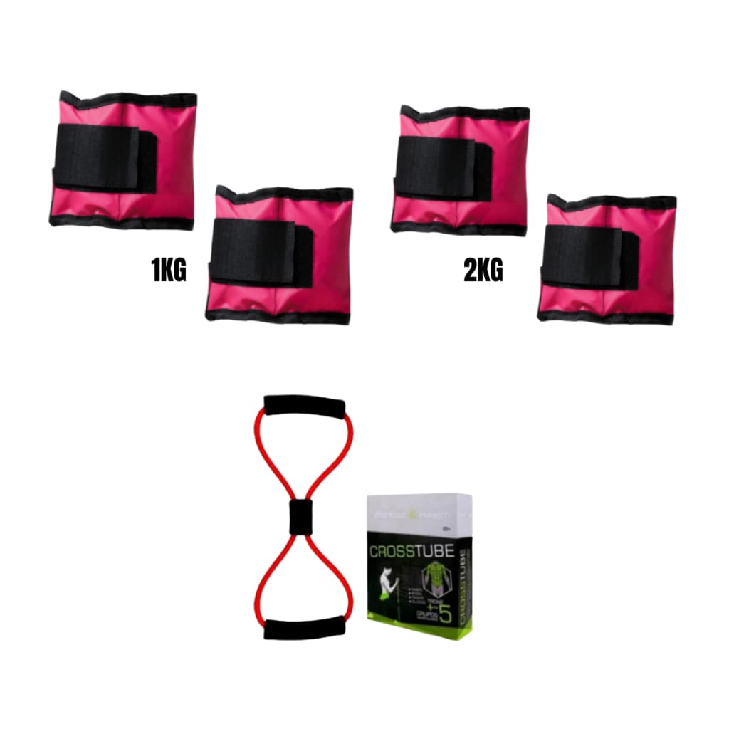 Kit Treino Fisioterapia Par Caneleira 1 Kg + 2 Kg + Elástico Multifuncional Academia Musculação