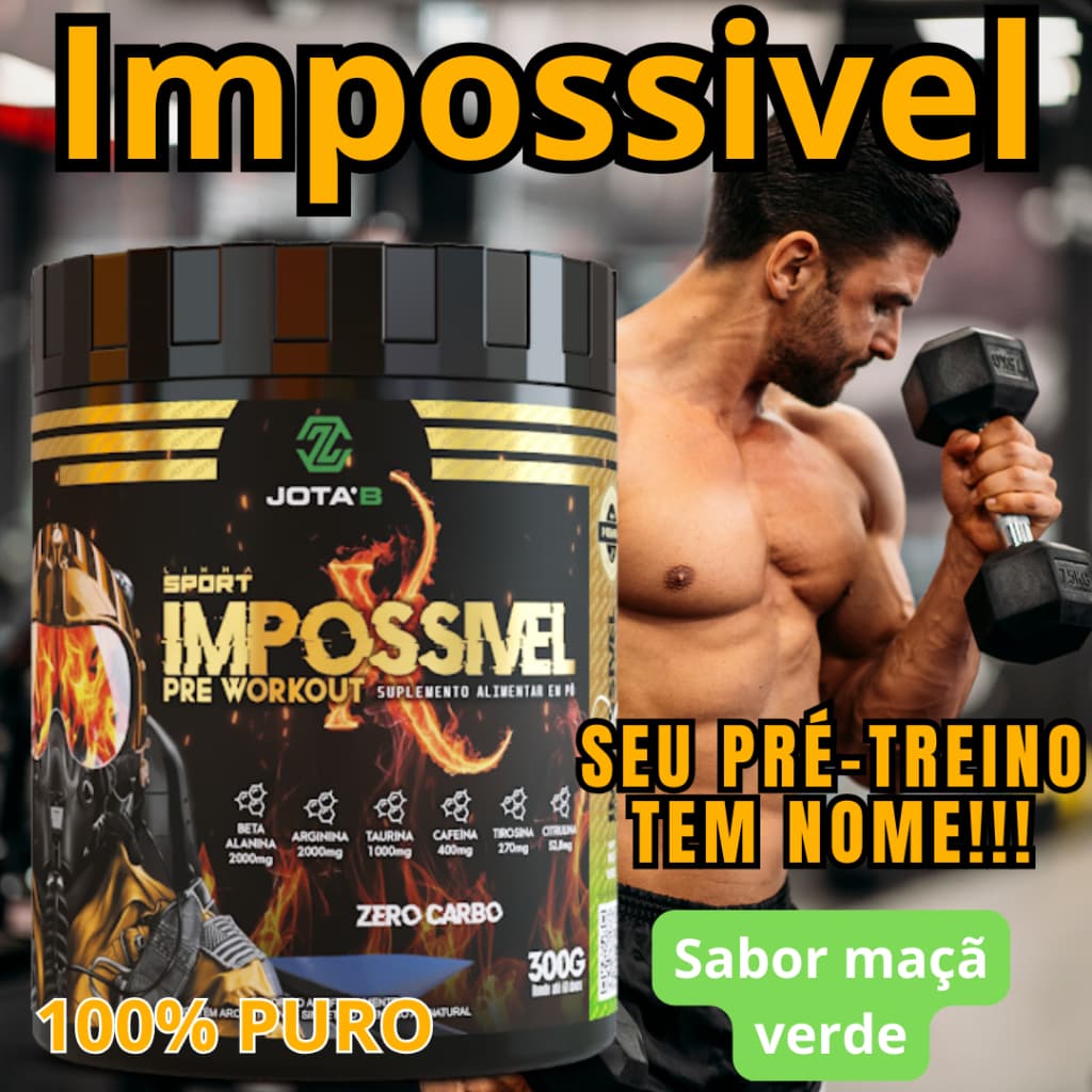 Pré-Treino Impossível 300g Sabor Maçã Verde |  100% puro | Energia e Foco | JBA_suplementos