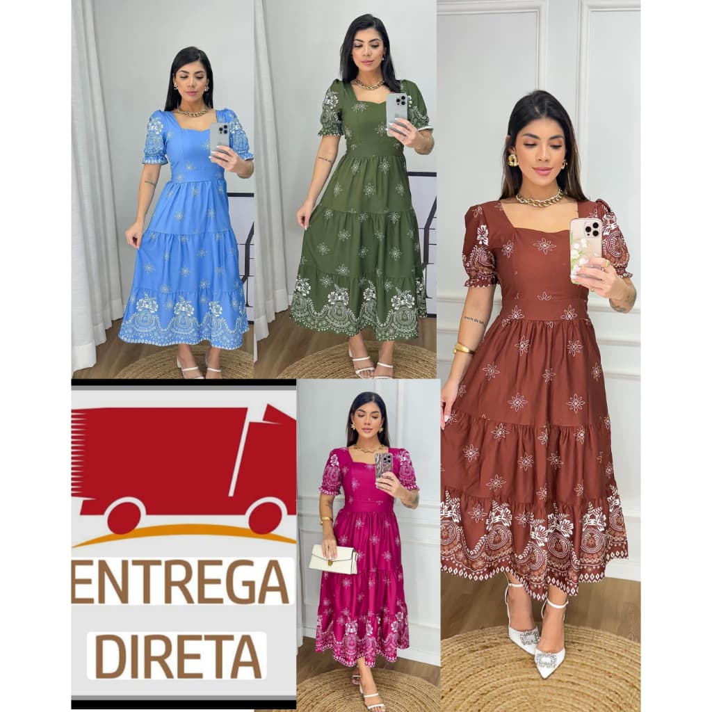Vestido feminino mídi evangélica manga princesa com elastes na costas confortável tecido crepinho