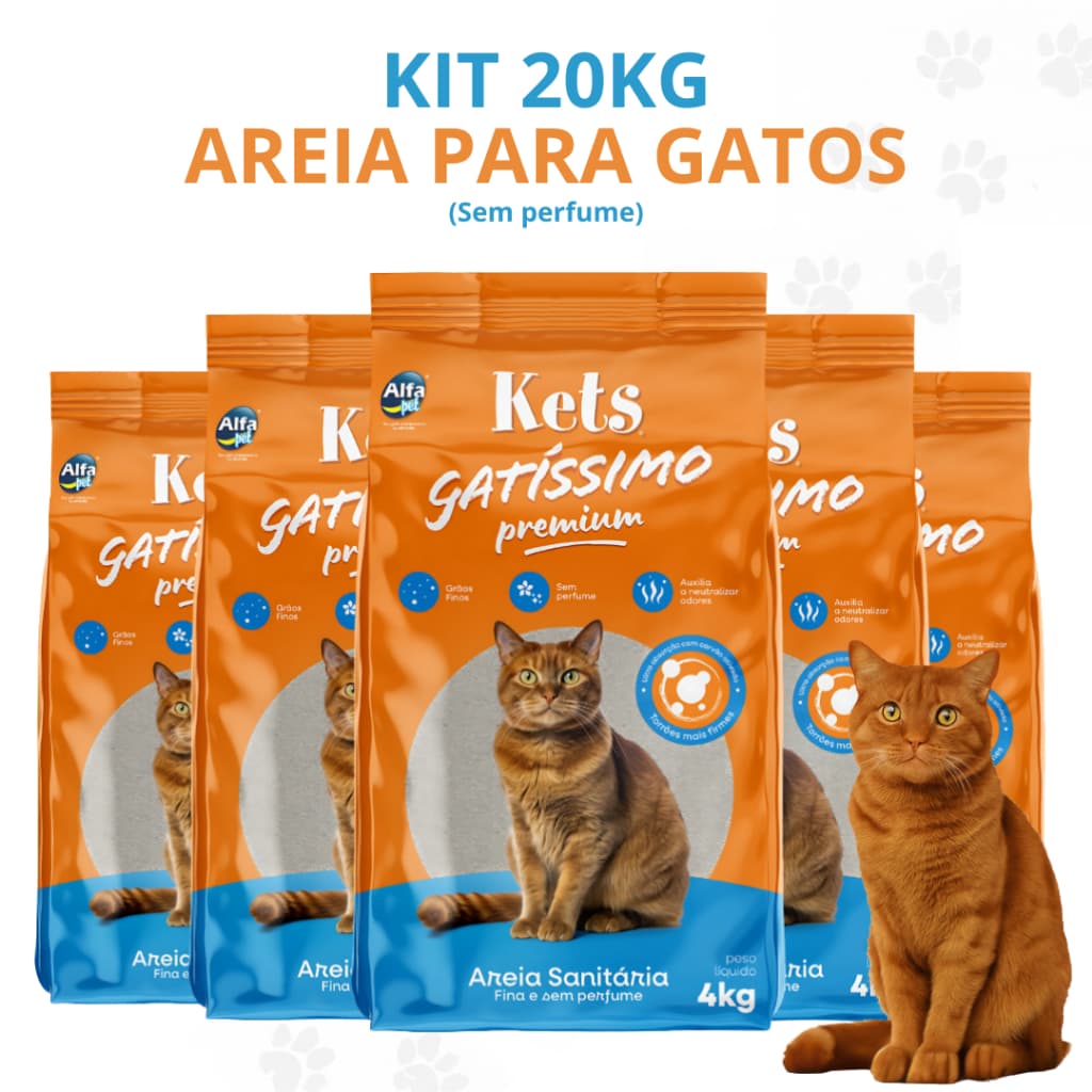 Kit Até 5 Unidades de Areia Gatissimo Sanitária Higiênica Sem Perfume Premium Para Gatos 4Kg a 12Kg