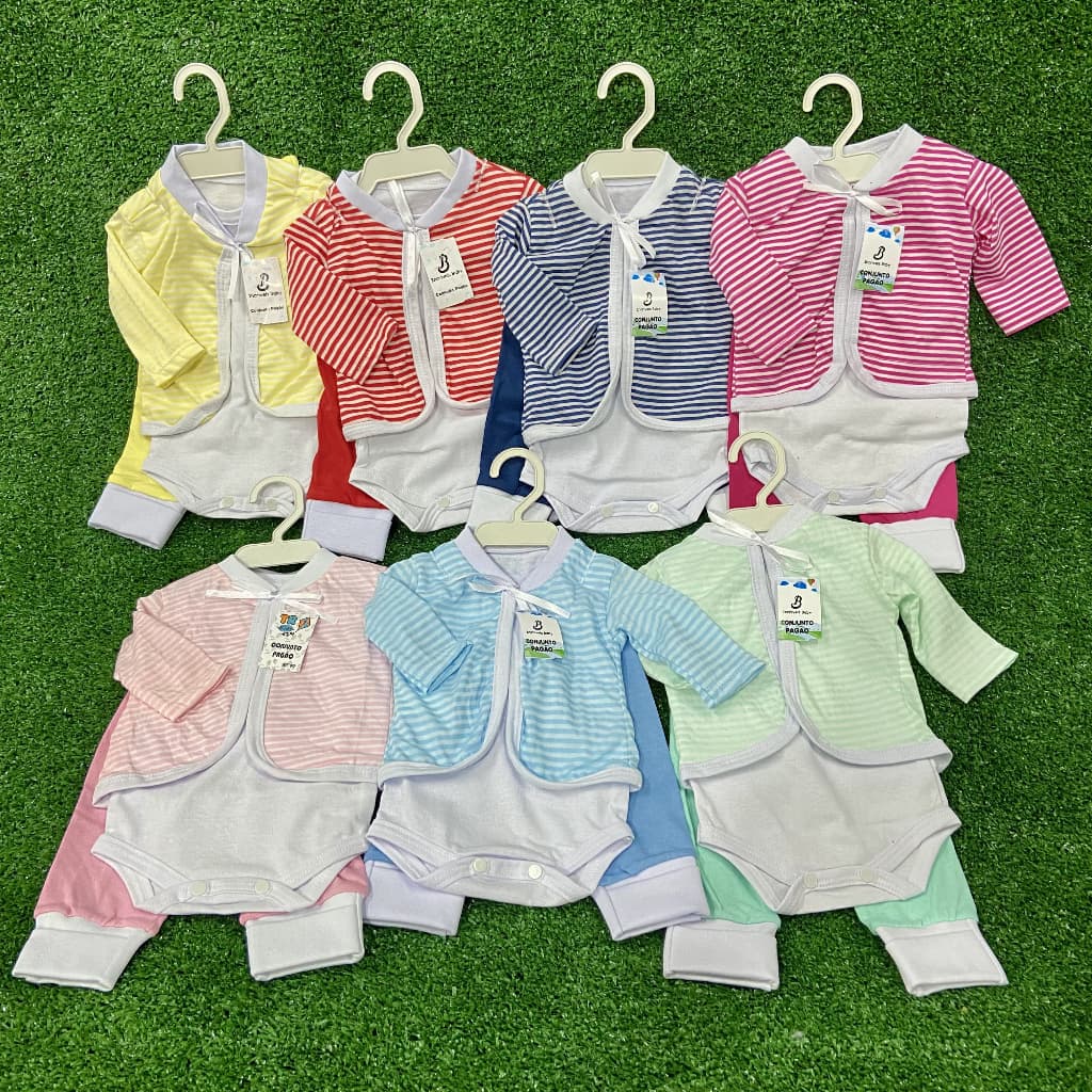 Conjunto Listrado Com Body 3 Peças Roupa Bebê Infantil Calça Casaco Blusa Moletom Algodão Enxoval