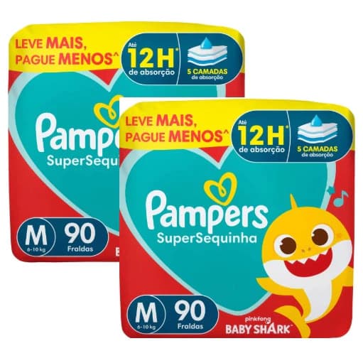 Kit 2 Fralda Pampers Supersequinha M 90 unidades 6 a 10kg Super Absorção, Antivazamento