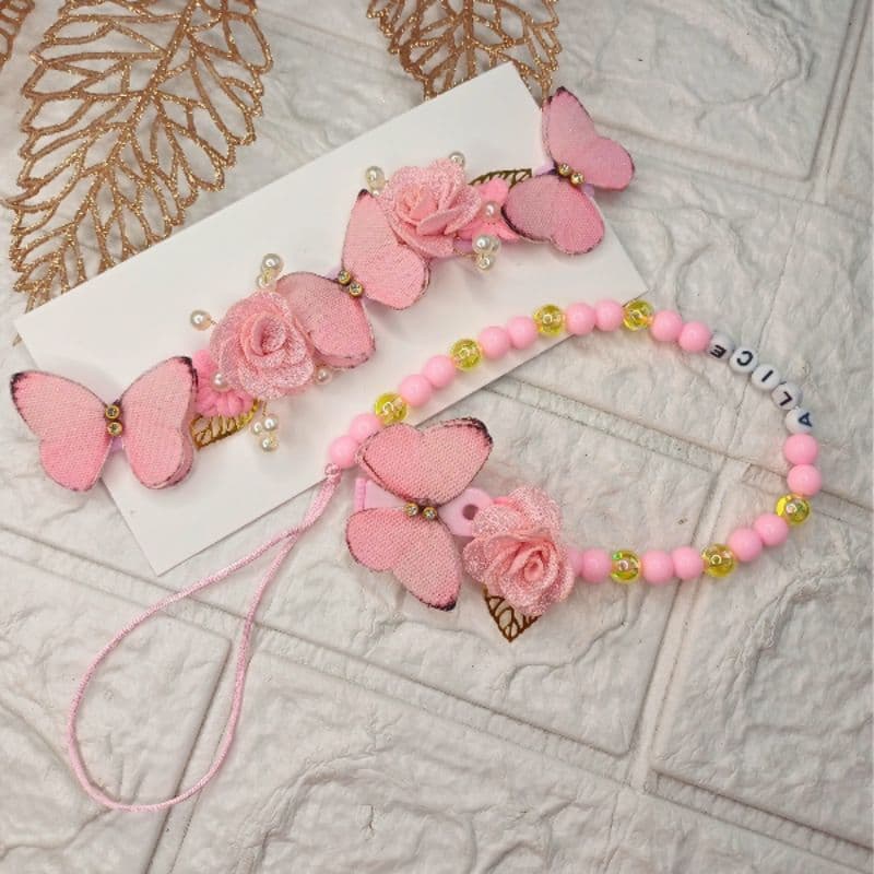 Kit Jardim Encantado Rosa Bebê - Tiara de Meia com Borboletas + Prendedor de Chupeta Personalizável