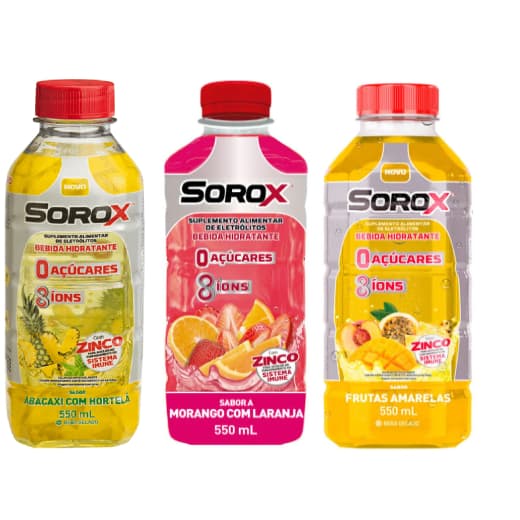 Kit 03 Sorox Sabor (Abacaxi com Hortelã, Frutas Amarelas e Morango om Laranja) de 550ml Cada