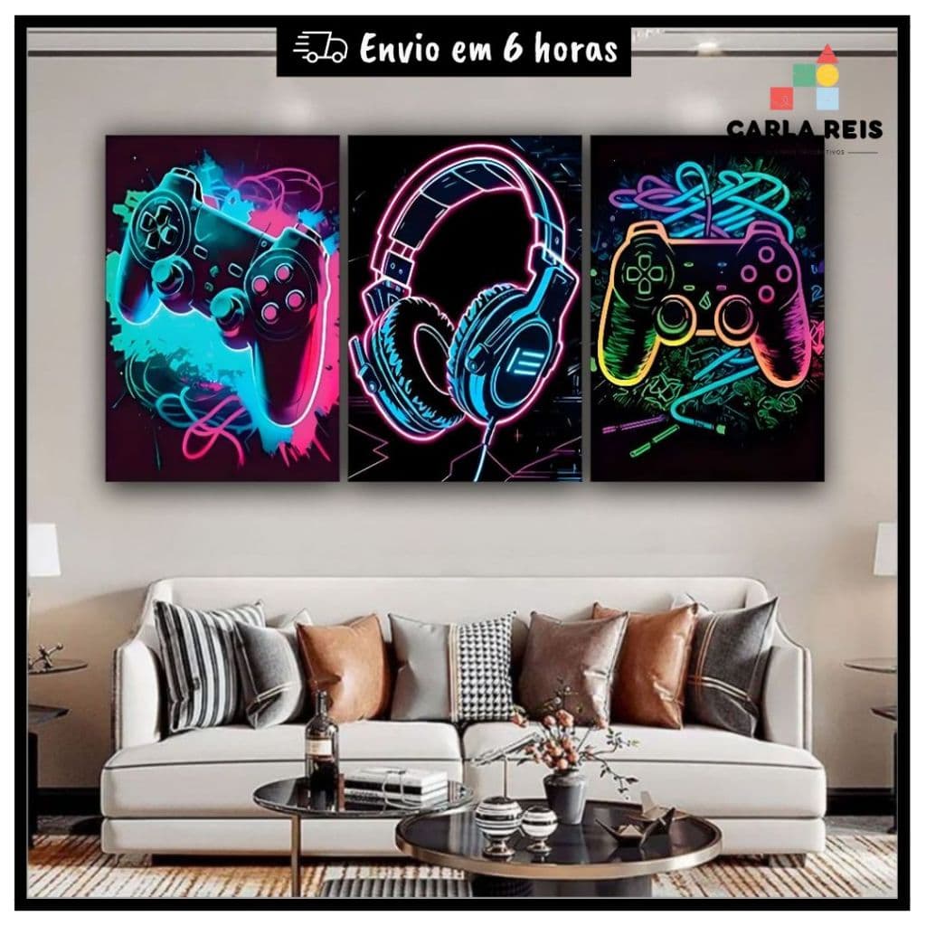 Quadros Decorativo 3 Peças video gamer neon jogos controle para quarto sala de jogos escritório