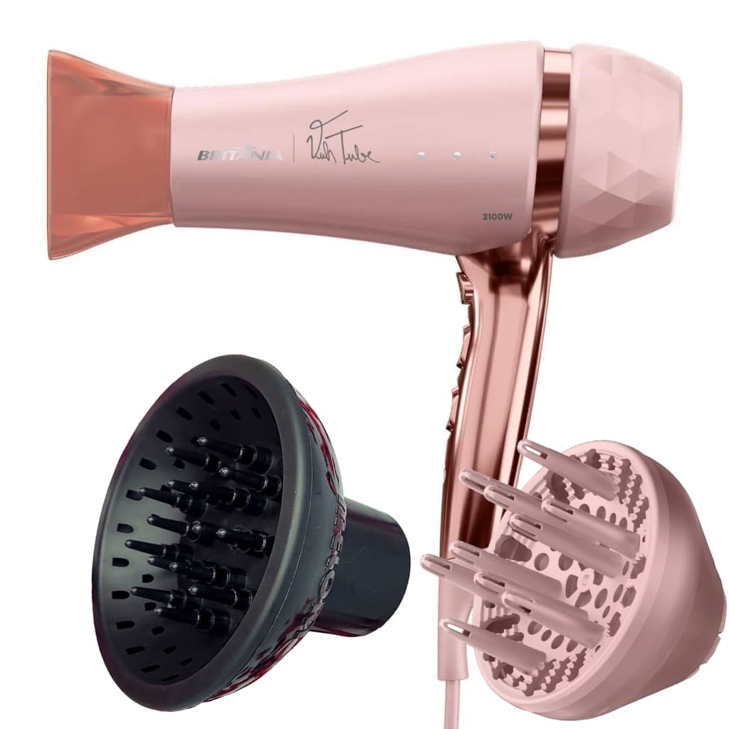 Secador De Cabelo Britania Profissional 2100w Ions Tourmaline Ar Quente Frio Bivolt Com 2 Difusores de Cachos