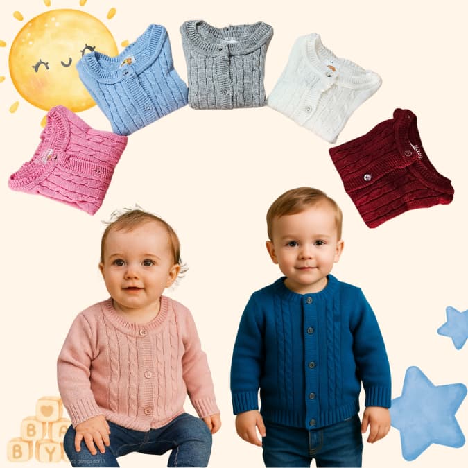 Casaquinho tricot com tranças menino e menina bebê e Infantil