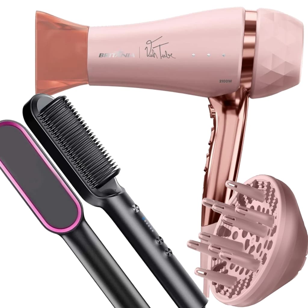 Secador De Cabelo Britania Profissional 2100w Ions Tourmaline Ar Quente Frio Bivolt Com Difusor Cachos Escova 2 em 1 Hq