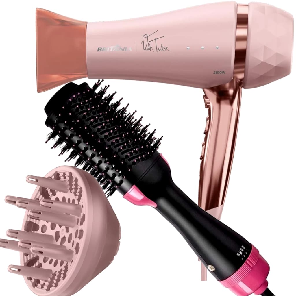 Secador De Cabelo Britania Profissional 2100w Ions Tourmaline Ar Quente Frio Bivolt Difusor Cachos Escova 4 em 1 City