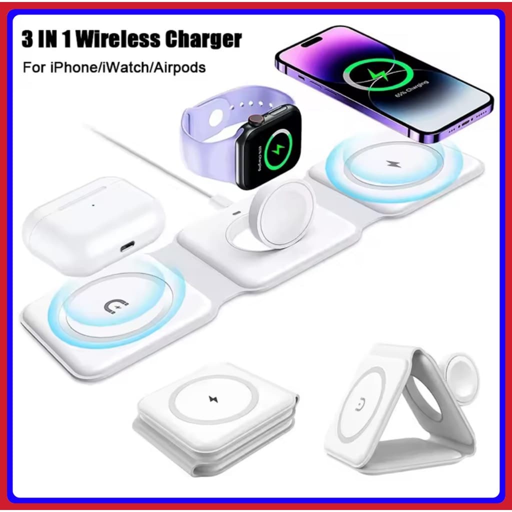 Carregador magnético sem fio 3 em 1 dobrável 15W para Celular Fone e relógio Carregamento Rápido