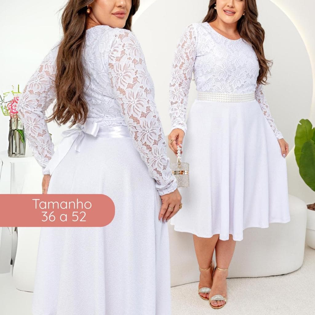 Vestido Feminino Manga Longa Midi Rendado Romantico LUXO