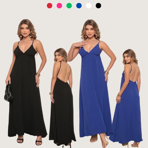 Vestido Feminino Soltinho Longo Costa Nua Decote Alças Finas