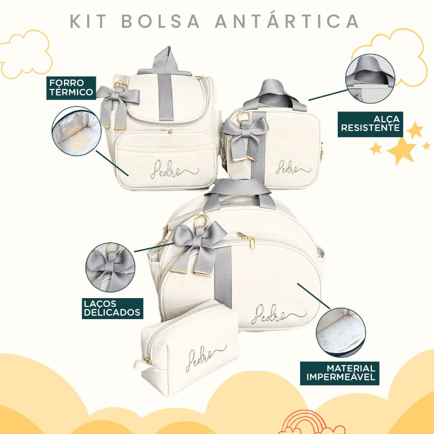 Kit Maternidade 4 Peças Bolsa Maternidade Enxoval de Bebê Térmica Impermeável Coleção Antártica