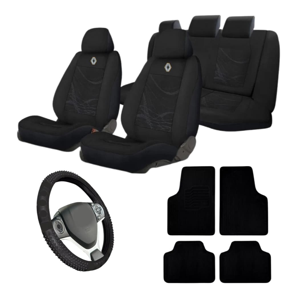 Capa Banco Tecido Original Tapete Automotivo 4 Peças e Capa Volante Massageador Logan Sandero Clio