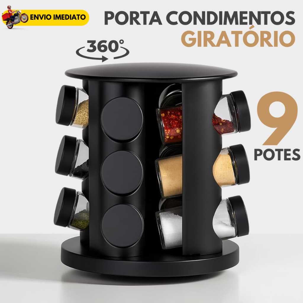 Porta Tempero Condimentos Giratório com 9 Potes de Vidro Preto 360 Graus com Tampa Dosadora