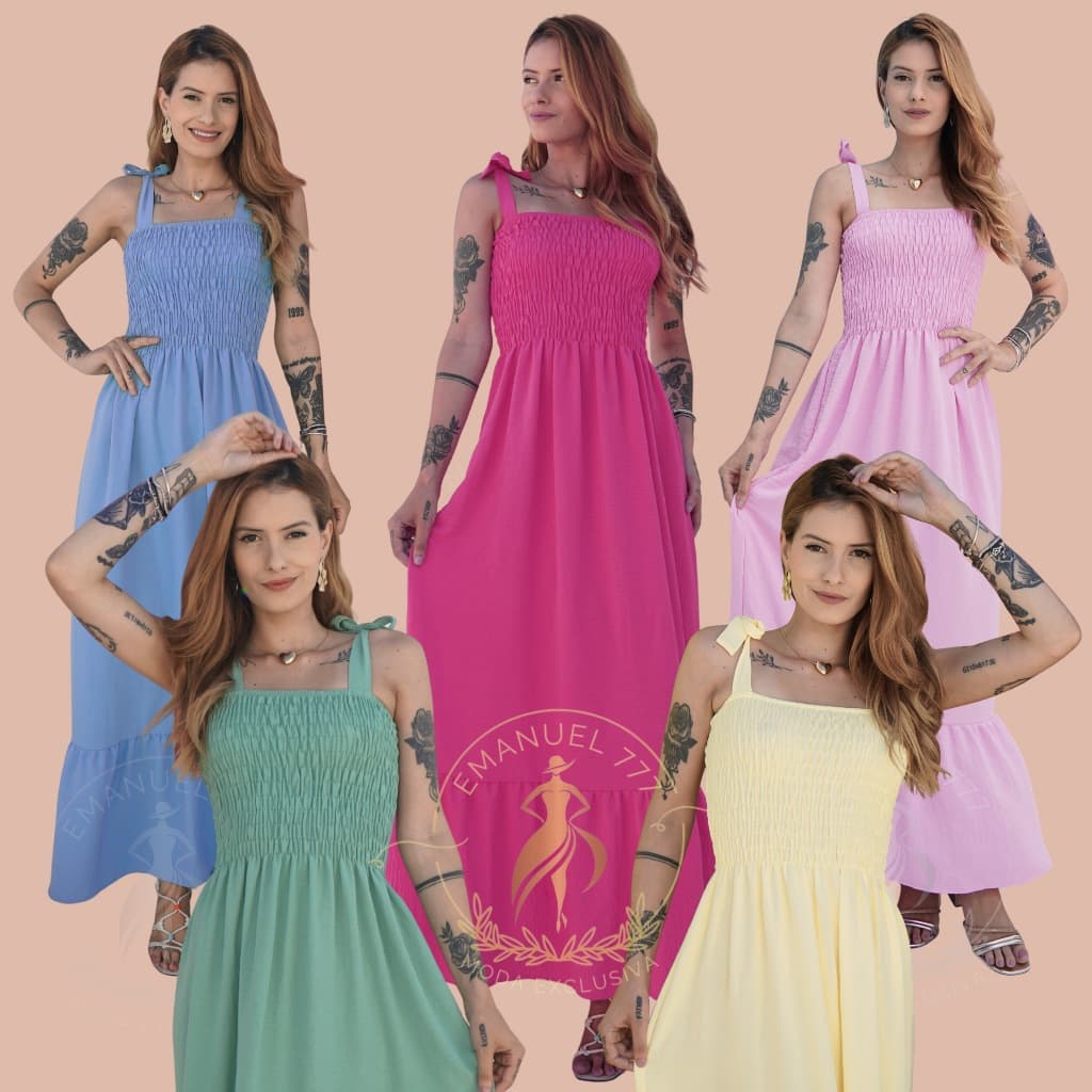 Vestido Feminino longo CANDY COLORS com alças e lastex vestidos cores pasteis primavera-verão