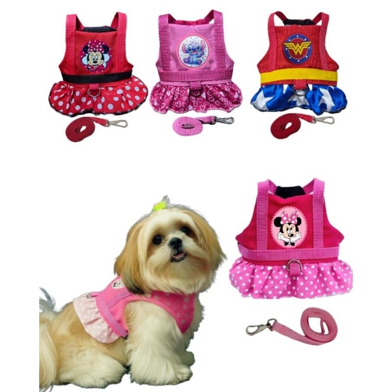Coleira Pet Peitoral com Guia Cachorro Gato Fêmea Prinscesa