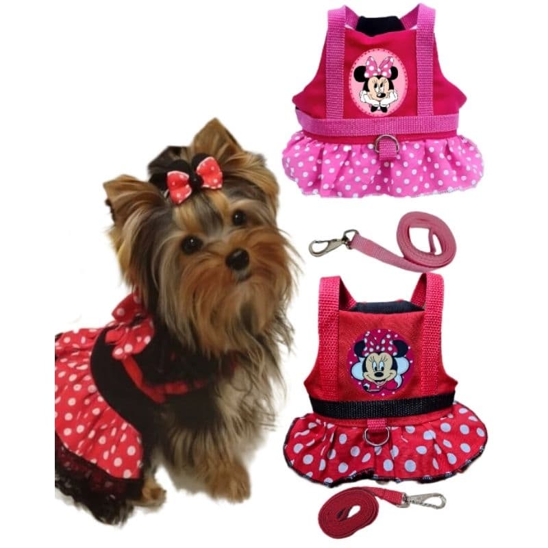 Coleira Pet com Guia Peitoral Minnie Vermelha Rosa