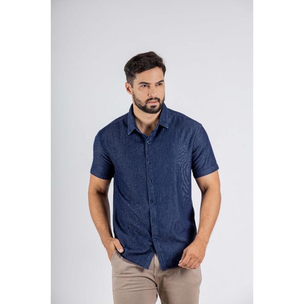 Camisa Social Jeans Masculina Slim | Manga Curta