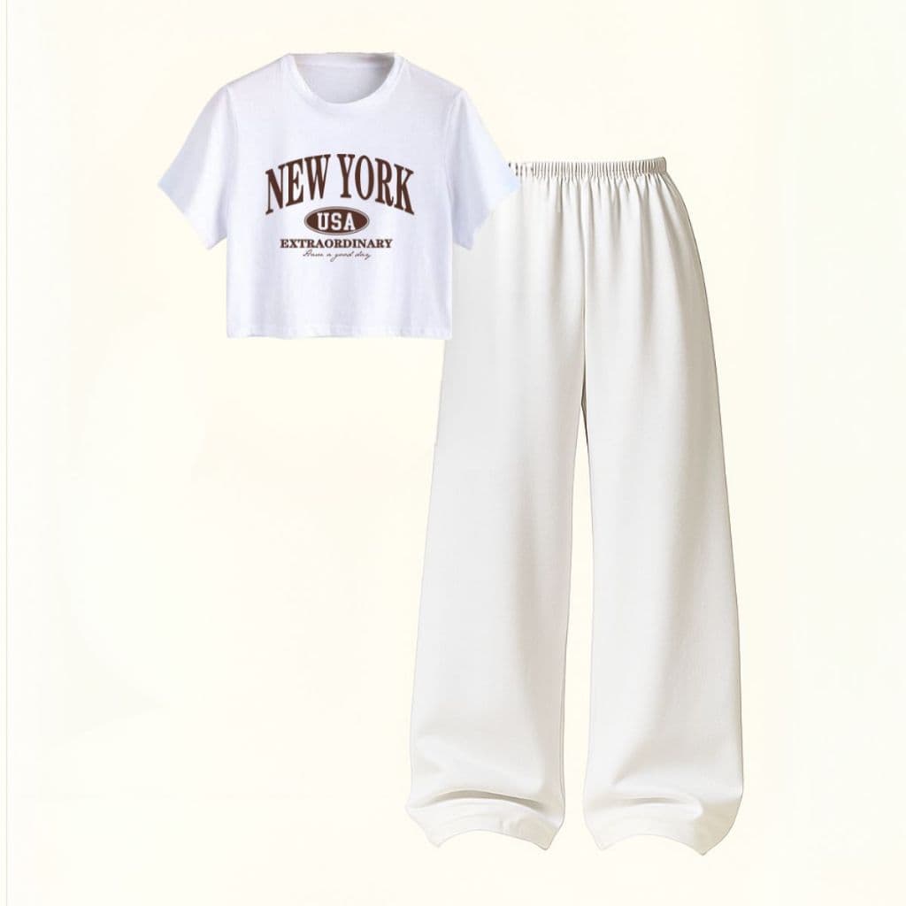 Conjunto Aesthetic Feminino Cropped + Calça Wide Leg Moletom Tecido Confortável
