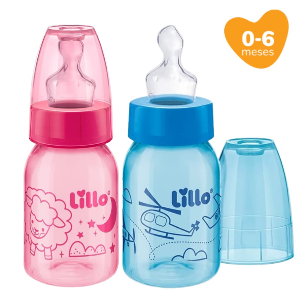 Mamadeira Chuquinha Lillo Recém Nascido Anticolica 120 mL 0 a 6 meses com Disco de Vedação Rosa Azul