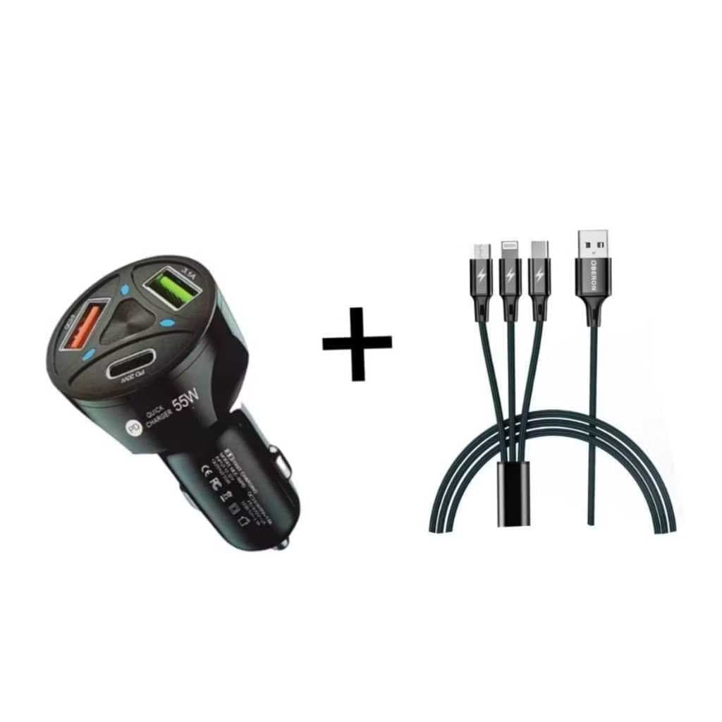 Kit Carregador Veicular Turbo + Cabo 3 em 1 Lightning Tipo-C V8 1M Carregador Veicular e Cabo
