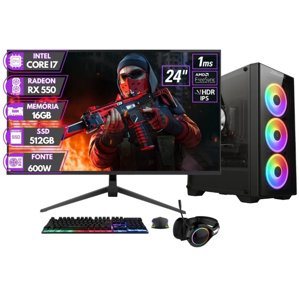 PC Gamer BluePC RUSH - Intel i7 16GB RAM Radeon RX 550 4GB SSD 512GB Monitor 24"- PGBP-RUS1063